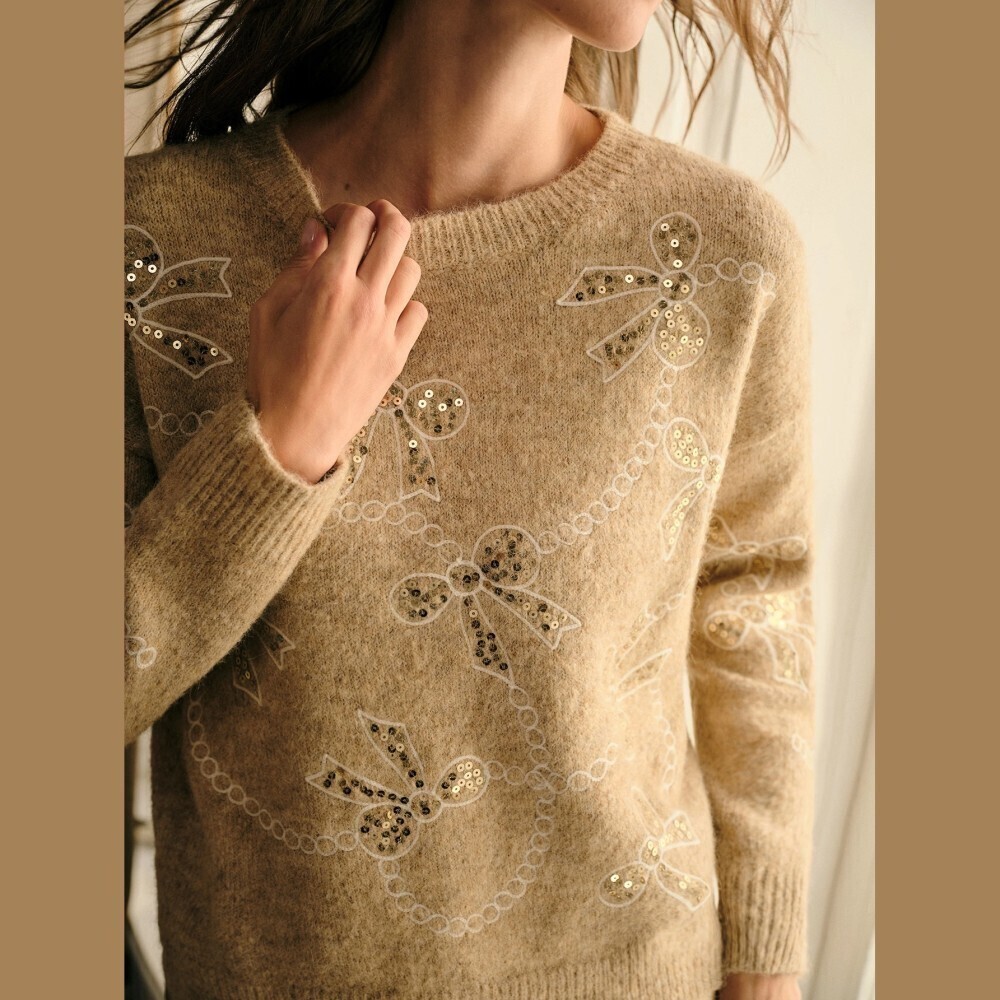Tan Sparkle Bow Print Ribbed Knit Round Neck Long Sleeve Sweater